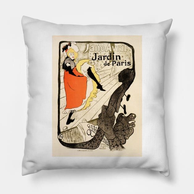 JANE AVRIL JARDIN OF PARIS 1897 by Henri Toulouse Lautrec French Theater Ad Pillow by vintageposters
