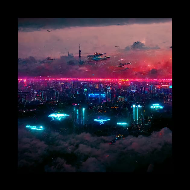High Sphere - Cyberpunk Cityscape Skyline by ArkMinted