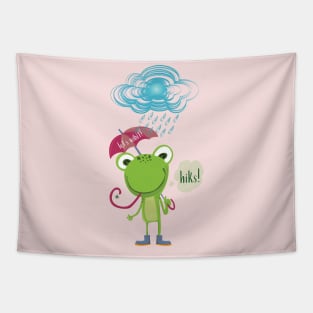 GREEN FROG WITH PINK UMBRELLA UNDER THE RAIN (hiks!) let's wibit! Tapestry