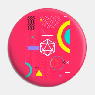 Retro Memphis Hot Pink Polyhedral 20 Sided Dice Tabletop RPG Pin