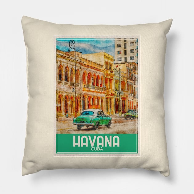 Havana Cuba Travel Art Pillow by faagrafica