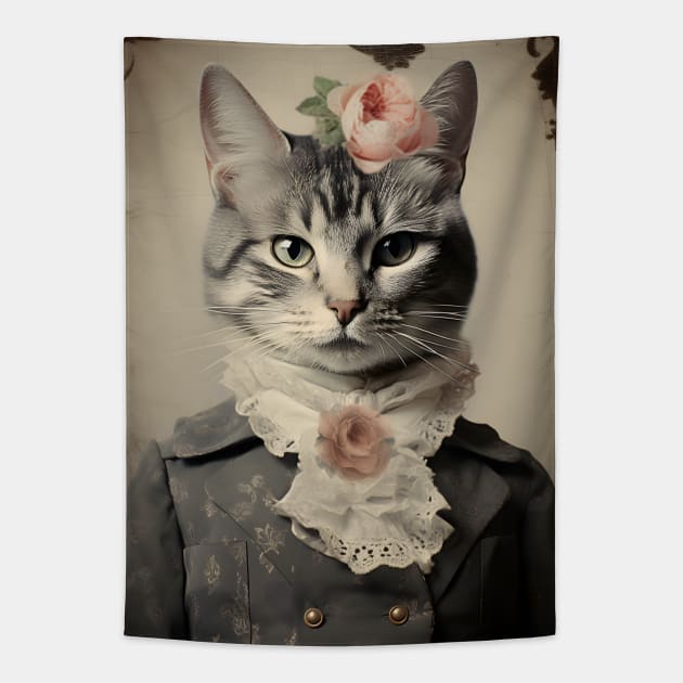 Cute Cat Portrait in Suit Vintage Art Tapestry by Art-Jiyuu