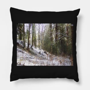 Snowy Sunlit Forest Glade Pillow