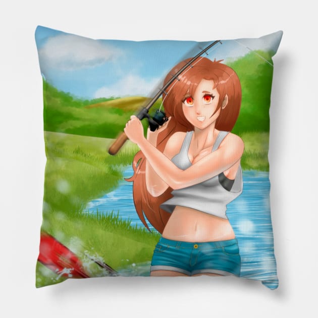 anime girl fishing Pillow by leopinto23