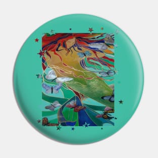 Mermaid Swimming with Butterflies Fantasy Art Pin