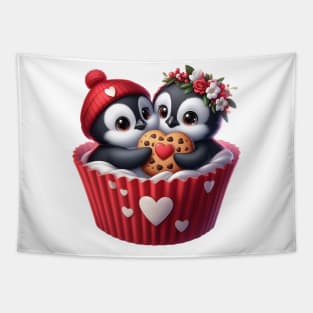 Valentine Penguin Couple In A Cupcake Tapestry