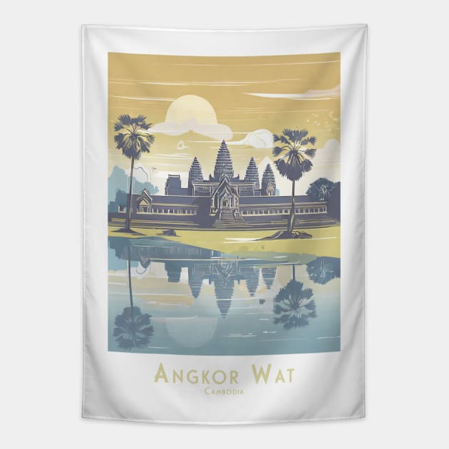 Vintage Angkor Wat Temple Sunset Poster Tapestry by POD24