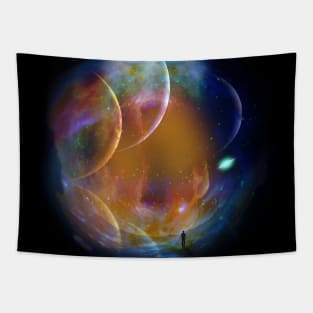 Man in dark space tunnel Tapestry