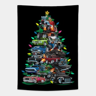 Car Madness Christmas Tree! Classic Muscle Cars and Hot Rods Tapestry