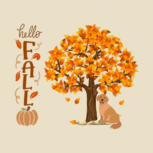 Golden Retriever Dog under Autumn Tree with Hello Fall Sign and Pumpkin T-Shirt