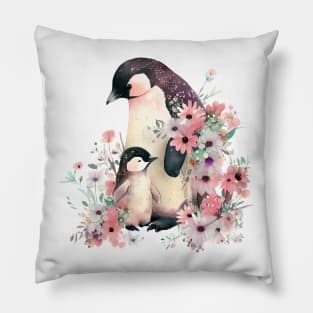 Cute penguin with baby and flowers Pillow