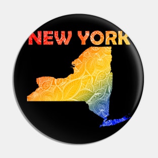 Colorful mandala art map of New York with text in blue, yellow, and red Pin