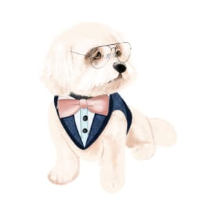 Puppy in glass, bichon frise dog, cute business puppy, bichon in jacket, seriously dog T-Shirt