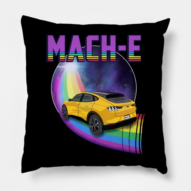 Mach-E Rides the Rainbow Galaxy in Cyber Orange Pillow by zealology