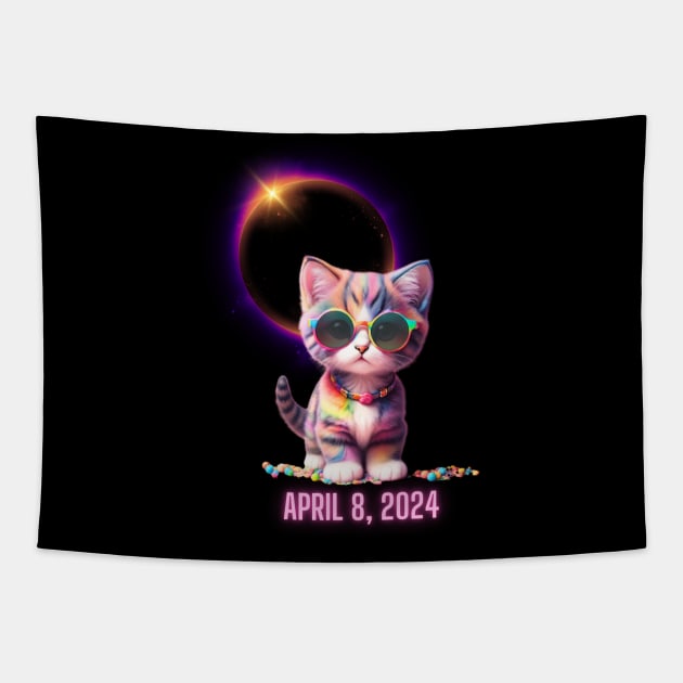 Solar Eclipse 2024 Cute Rainbow Kitty Cat Wearing Solar Eclipse Glasses Tapestry by Little Duck Designs