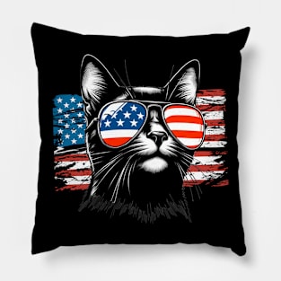 Black Cat Patriotic Sunglasess American Flag 4th of July Pillow