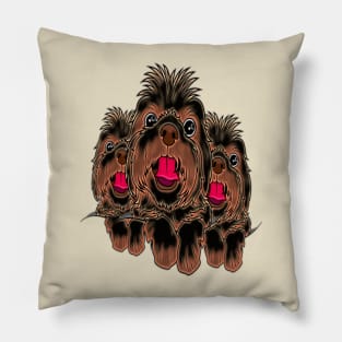 Mosaic of three Yorkie Poo dogs in black and brown colors with their tongues sticking out. Pillow