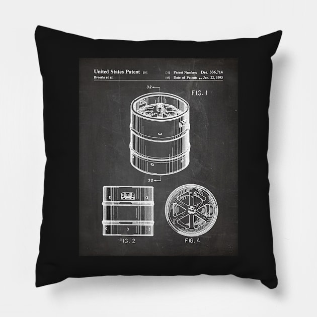 Beer Keg Patent - Beer Lover Craft Ale Art - Black Chalkboard Pillow by patentpress