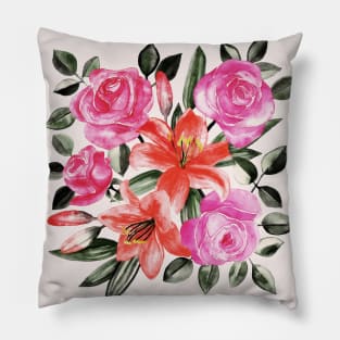 Roses and Lilies in watercolor Pillow