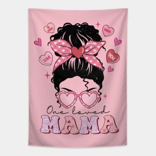 One Loved Mama Messy Bun Pink Bow Headband Valentine's Day Tapestry