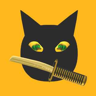Halloween Ninja Cat. Black Cat with Jack o Lantern Eyes and Sword. (Orange Background) T-Shirt