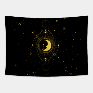 Cosmic Waxing Crescent Moon Gold Texture Tapestry