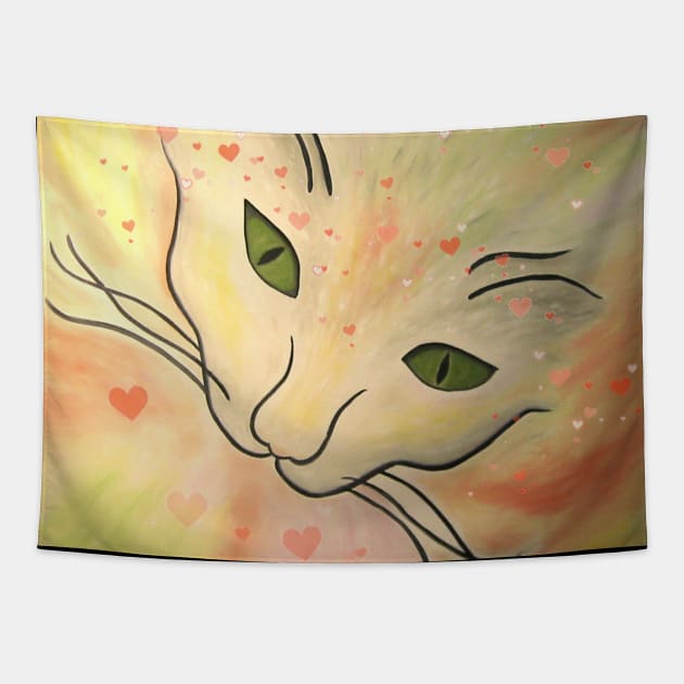 Colorful Abstract Cat Face With Hearts Tapestry by KarenZukArt