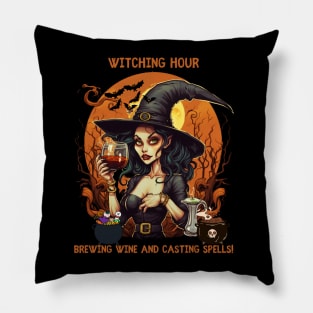 Witching Hour Brewing Tea and Casting Spells The Wine  Party Halloween Pillow