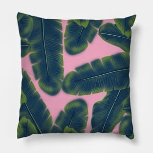 Banana Leaf Design on Pink Background Pillow