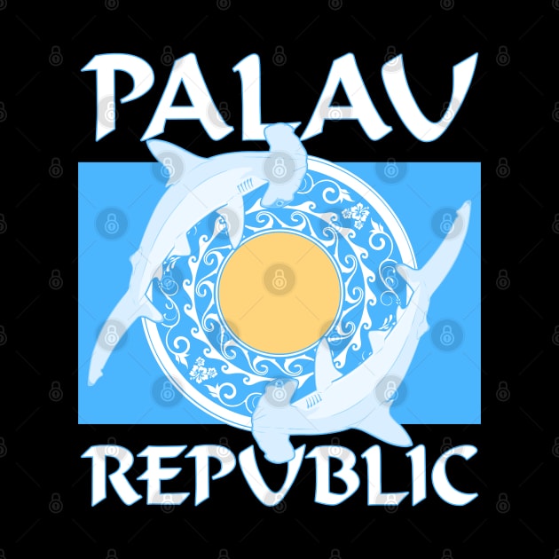 Palau Republic Flag with Hammerhead sharks by NicGrayTees