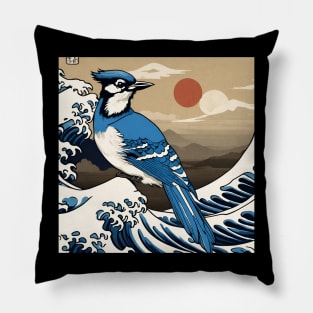 Vintage Blue Jay Bird in Sunset with The Great Wave Bird Watching Dad Pillow