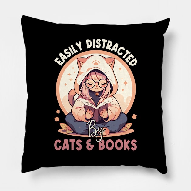 Easily Distracted by Cats and Books Funny Cat Lover Pillow by Rosemat