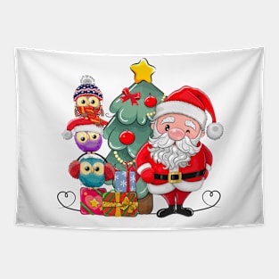 Cute Santa and Owls Tapestry