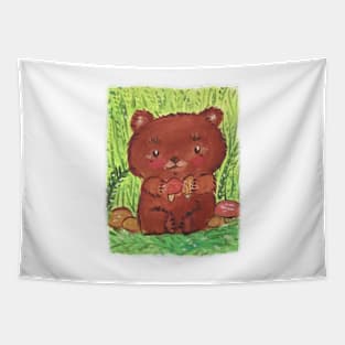 Little bear in the forest with mushrooms Tapestry