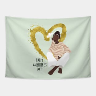 Black African Woman Happy Valentine's Day Heart Flowers Tapestry