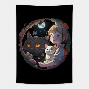 Whimsical Anime Duo: Little Girl and White Black Cat Tapestry