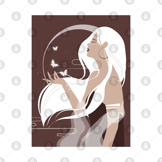 Celestial art, Moon art, Celestial butterfly print, Halloween, Witch art, Woman with long white hair, Aesthetic art by KristinityArt
