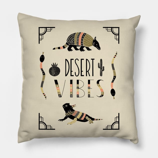 Desert Vibes Armadillo and Horned Lizard Southwestern Art Deco Motif Pillow by ksrogersdesigns