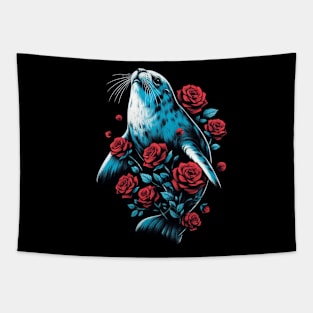 Cute Seal Red Roses Tapestry