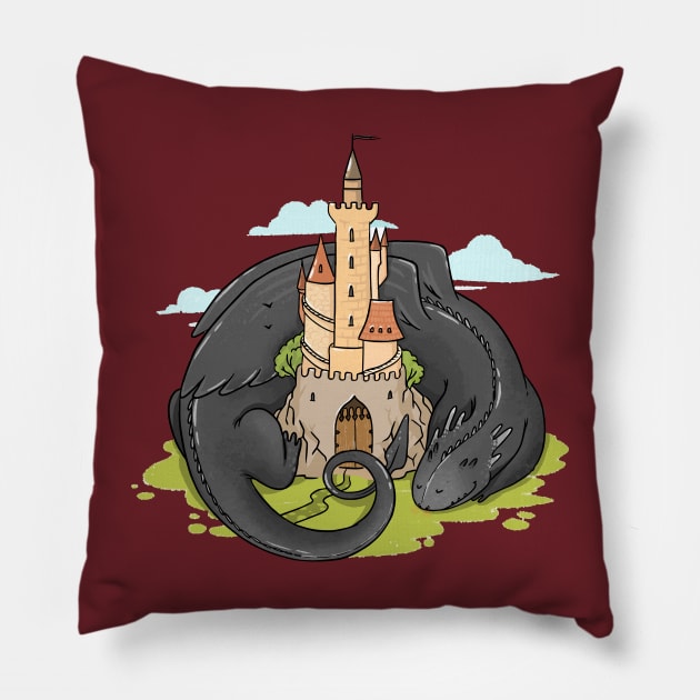 dragon laying near castle illustration Pillow by Mako Design 