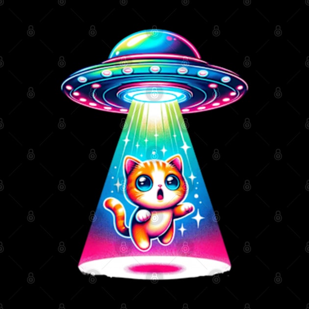 Funny UFO Abducting Chibi Cat Kawaii Cute Cartoon by Lavender Celeste