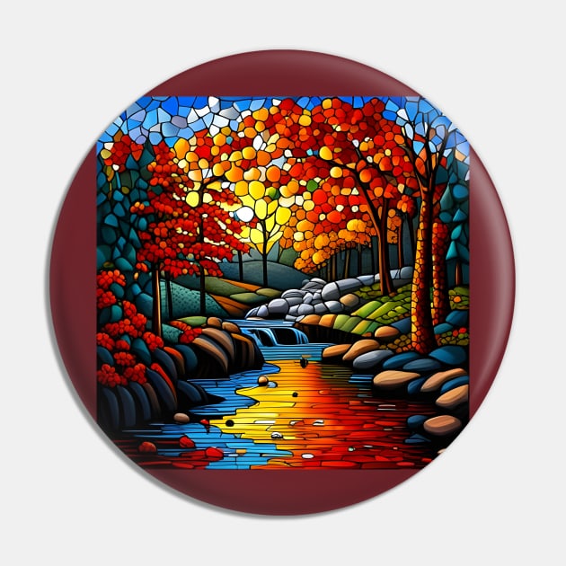 Stained Glass River Running Amid Autumn Foliage Pin by Chance Two Designs