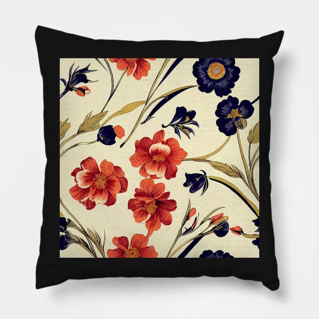 Pretty Orange Red and Deep Blue Flower Pattern on Dark Background Pillow by VintageFlorals