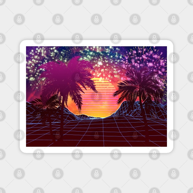 Retro fireworks over beach design Magnet by AnnArtshock