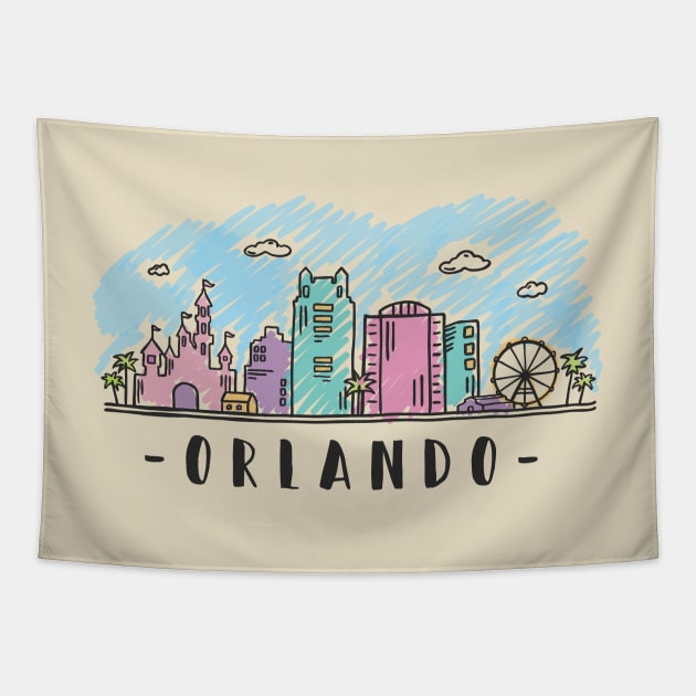 My Happy Place Orlando Skyline Tapestry by RajaGraphica