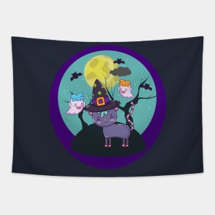 Cute Halloween Black Cat Under The Moon Tapestry