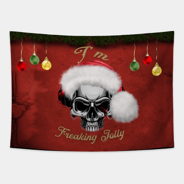 Funny skull with christmas hat, I'm freaking jolly Tapestry by Nicky2342