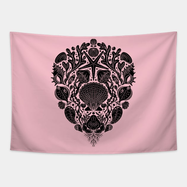 Deep Sea Damask black Tapestry by Rebelform