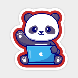 Cute Panda Working On Laptop Cartoon Magnet