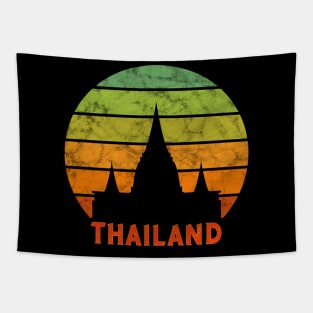 Thailand Temple Silhouette On A Rainbow Of Sunset Colors Tapestry